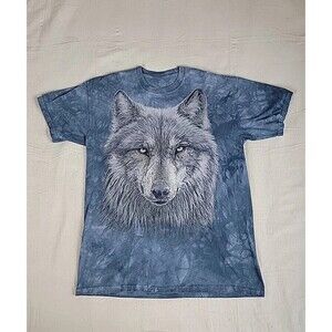 The Mountain Wolf Moon Shirt Mens L Tie Dye Blue Nature Woods Animal Fierce EUC
